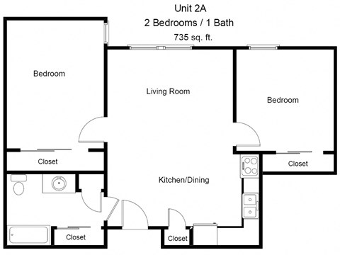 Floor plan for 2 beds, 2 baths, 735 sqft